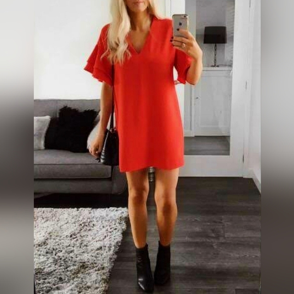 Zara |💃Red Ruffle Sleeve Shift Dress Oversized V Neck Women's Small - Picture 3 of 7